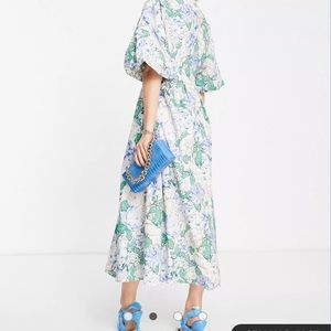 ASOS pleat waist midi dress with puff sleeve